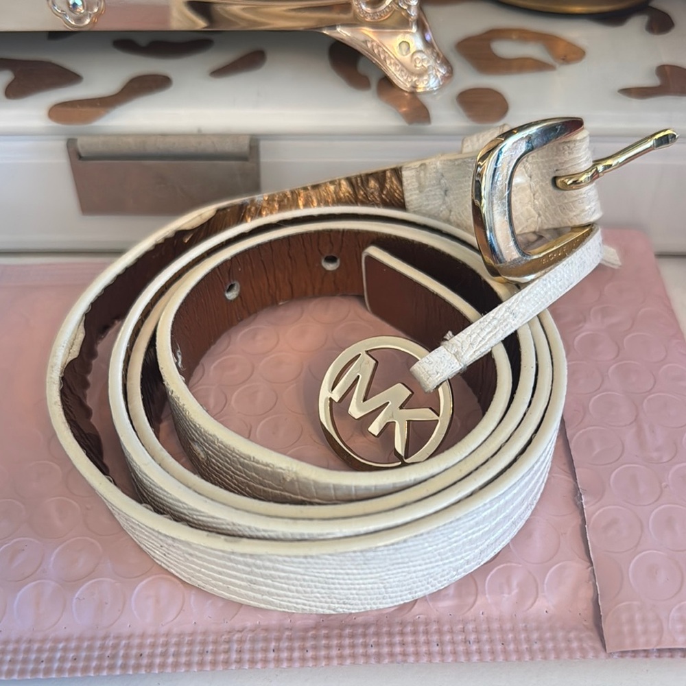 Michael Kors White Leather Belt with Gold Buckle
